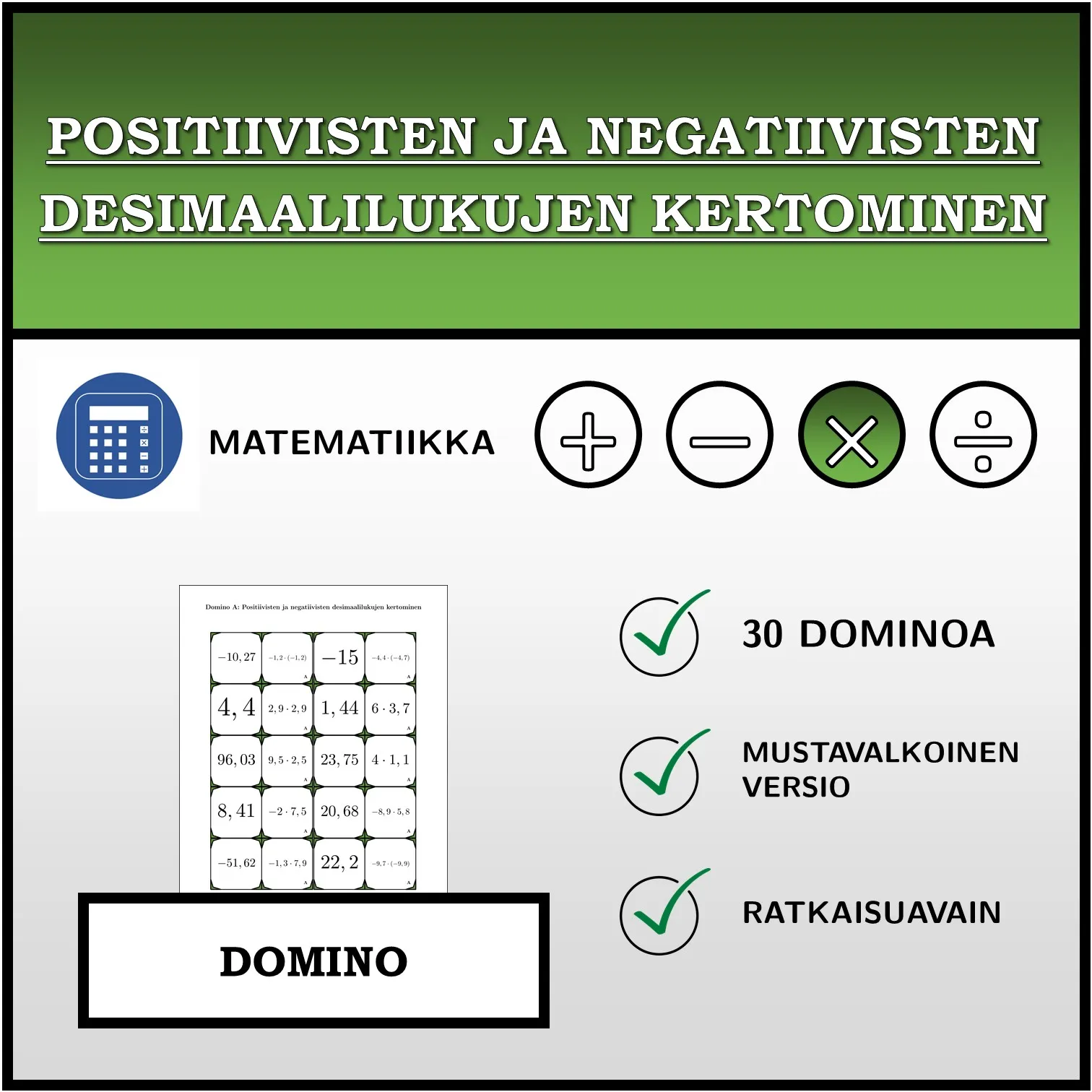 Domino: Positiivisten ja negatiivisten desimaalilukujen kertominen