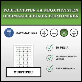 Muistipeli: Positiivisten ja negatiivisten desimaalilukujen kertominen