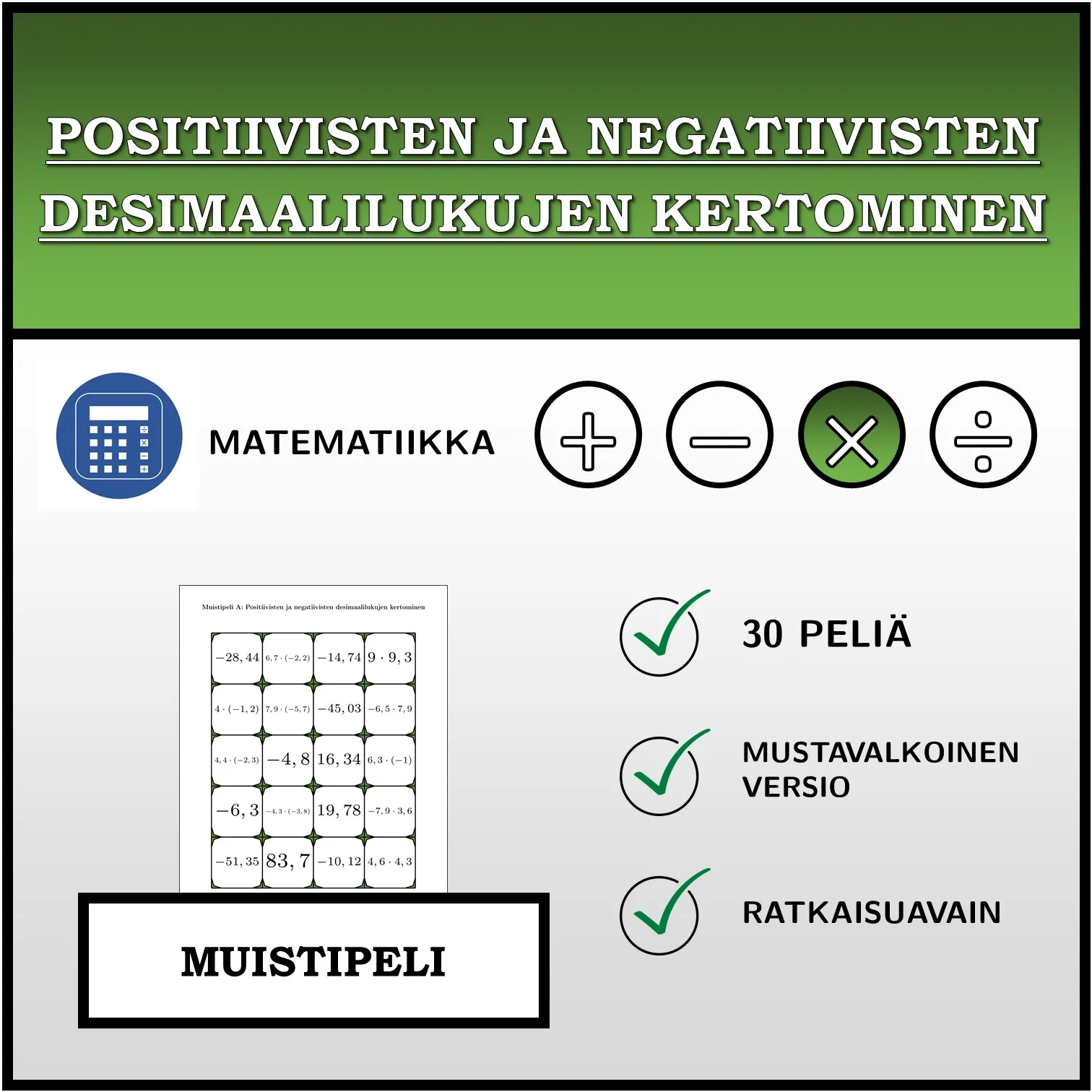 Muistipeli: Positiivisten ja negatiivisten desimaalilukujen kertominen