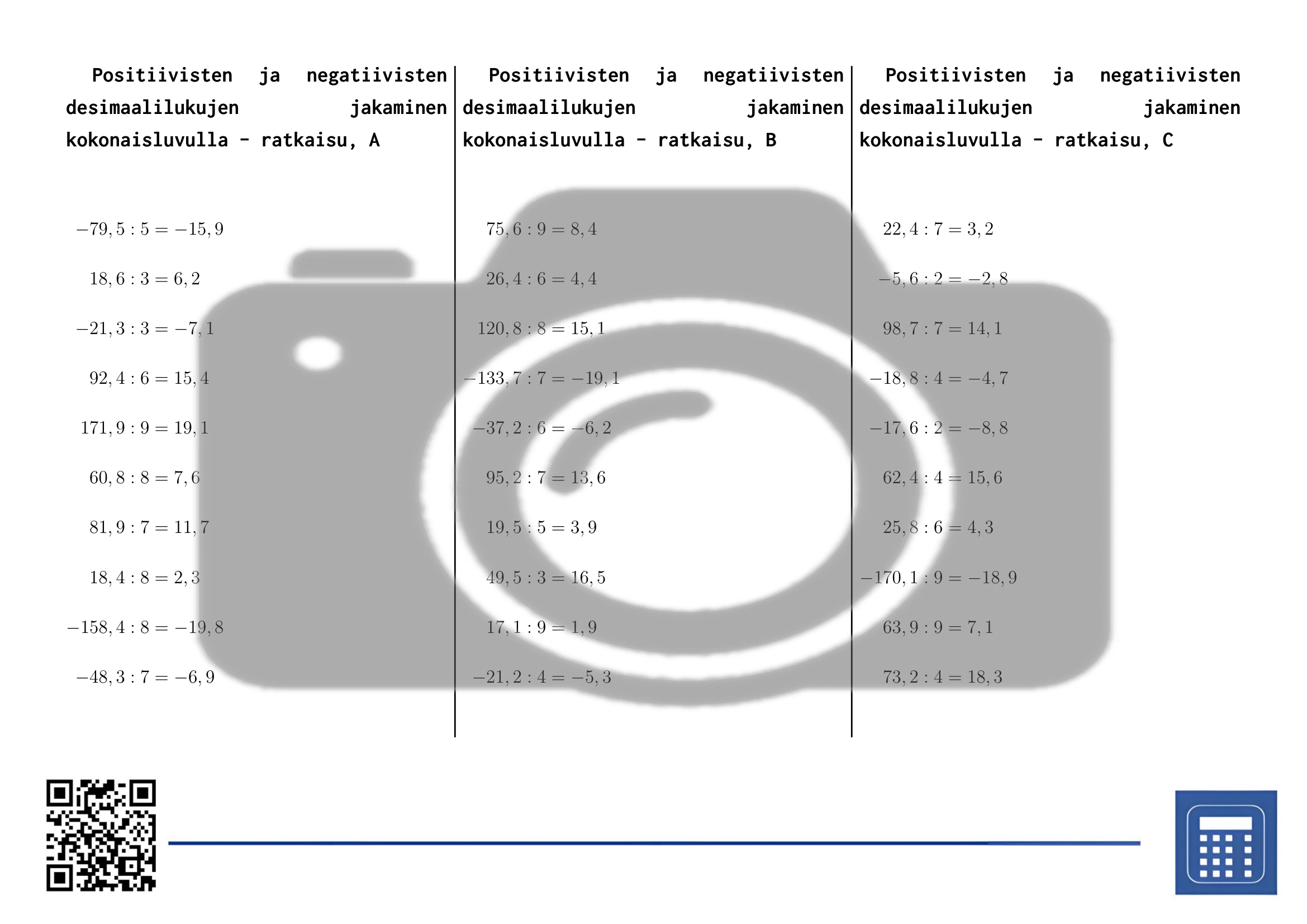 Työarkki: Positiivisten ja negatiivisten desimaalilukujen jakaminen kokonaisluvulla - Image 4