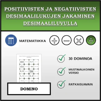 Domino: Positiivisten ja negatiivisten desimaalilukujen jakaminen desimaaliluvulla