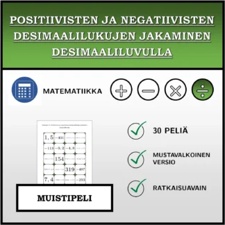 Muistipeli: Positiivisten ja negatiivisten desimaalilukujen jakaminen desimaaliluvulla