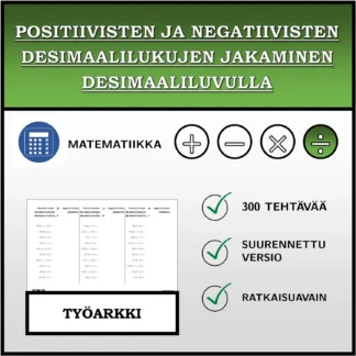 Työarkki: Positiivisten ja negatiivisten desimaalilukujen jakaminen desimaaliluvulla