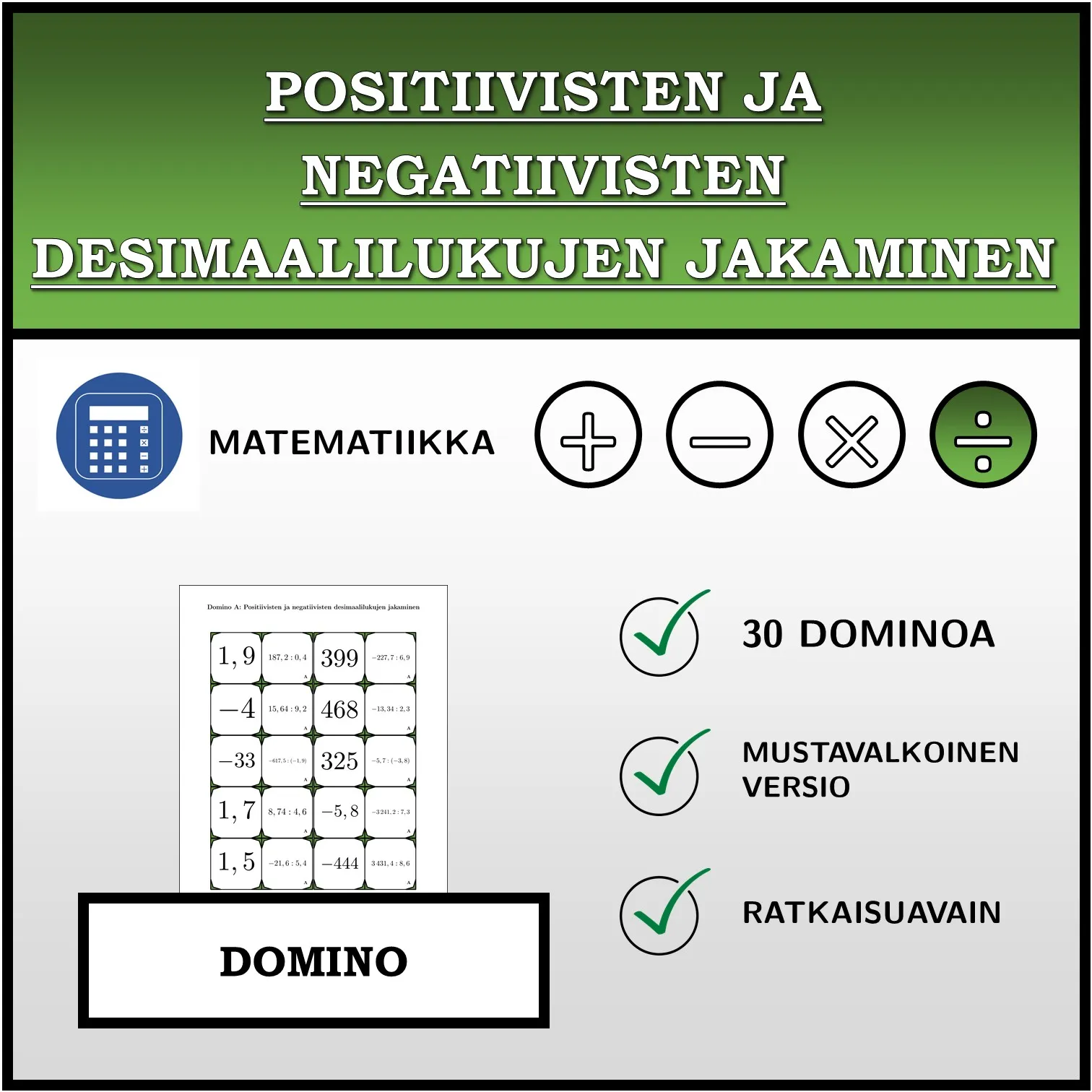 Domino: Positiivisten ja negatiivisten desimaalilukujen jakaminen