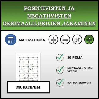 Muistipeli: Positiivisten ja negatiivisten desimaalilukujen jakaminen