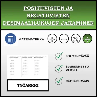 Työarkki: Positiivisten ja negatiivisten desimaalilukujen jakaminen