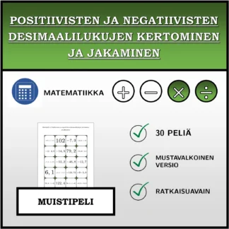 Muistipeli: Positiivisten ja negatiivisten desimaalilukujen kertominen ja jakaminen