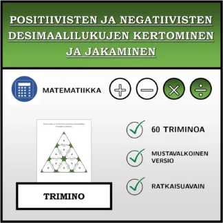 Trimino: Positiivisten ja negatiivisten desimaalilukujen kertominen ja jakaminen