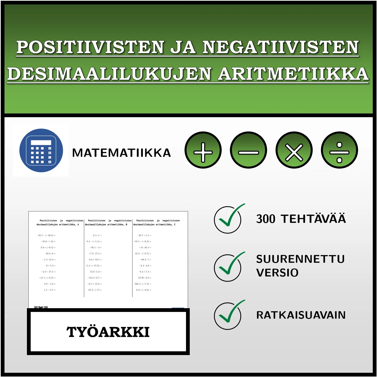 Työarkki: Positiivisten ja negatiivisten desimaalilukujen aritmetiikka