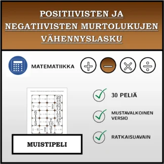 Muistipeli: Positiivisten ja negatiivisten murtolukujen vähennyslasku