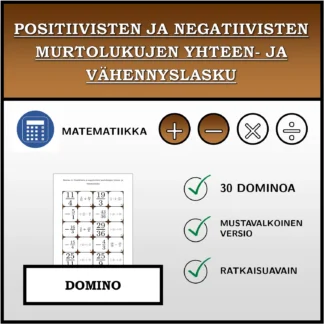 Domino: Positiivisten ja negatiivisten murtolukujen yhteen- ja vähennyslasku