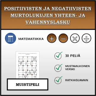 Muistipeli: Positiivisten ja negatiivisten murtolukujen yhteen- ja vähennyslasku