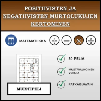 Muistipeli: Positiivisten ja negatiivisten murtolukujen kertominen