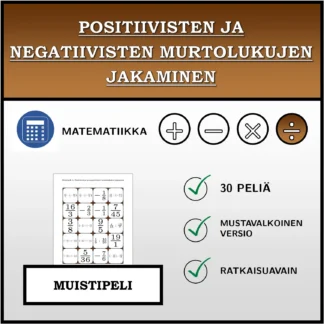 Muistipeli: Positiivisten ja negatiivisten murtolukujen jakaminen
