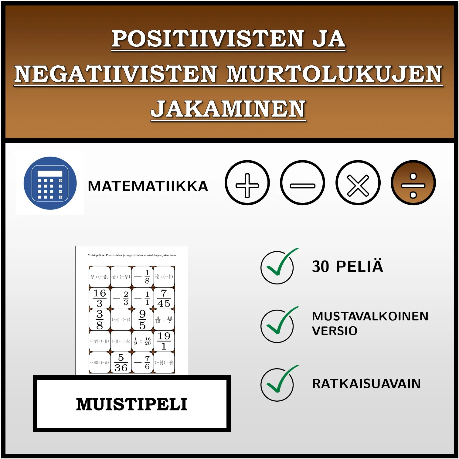 Muistipeli: Positiivisten ja negatiivisten murtolukujen jakaminen