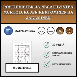 Muistipeli: Positiivisten ja negatiivisten murtolukujen kertominen ja jakaminen