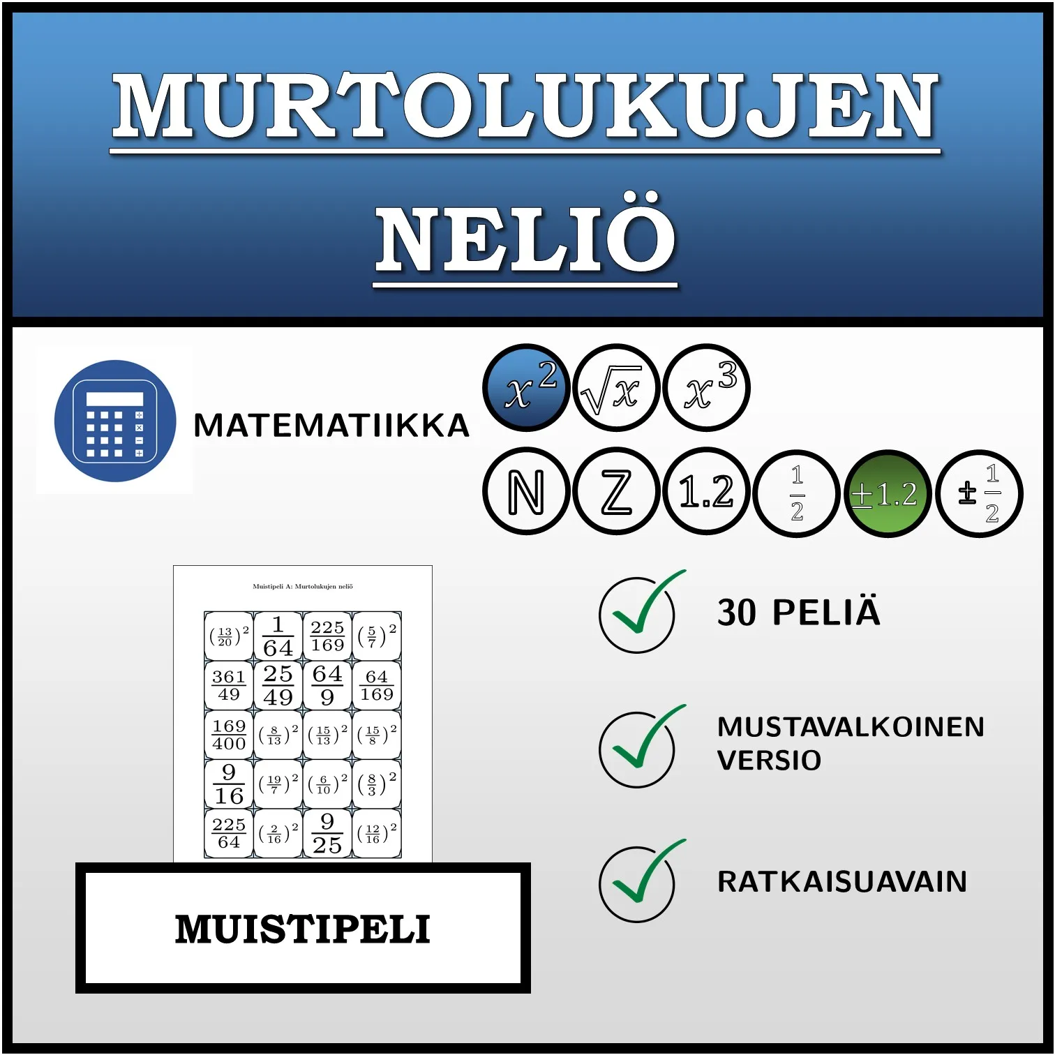 Muistipeli: Murtolukujen neliö