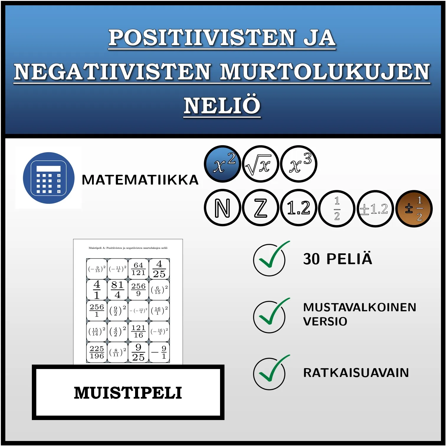 Muistipeli: Positiivisten ja negatiivisten murtolukujen neliö