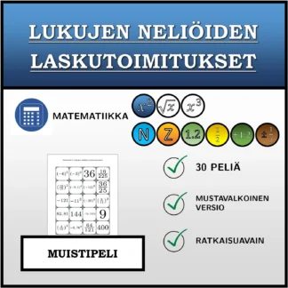 Muistipeli: Lukujen neliöiden laskutoimitukset