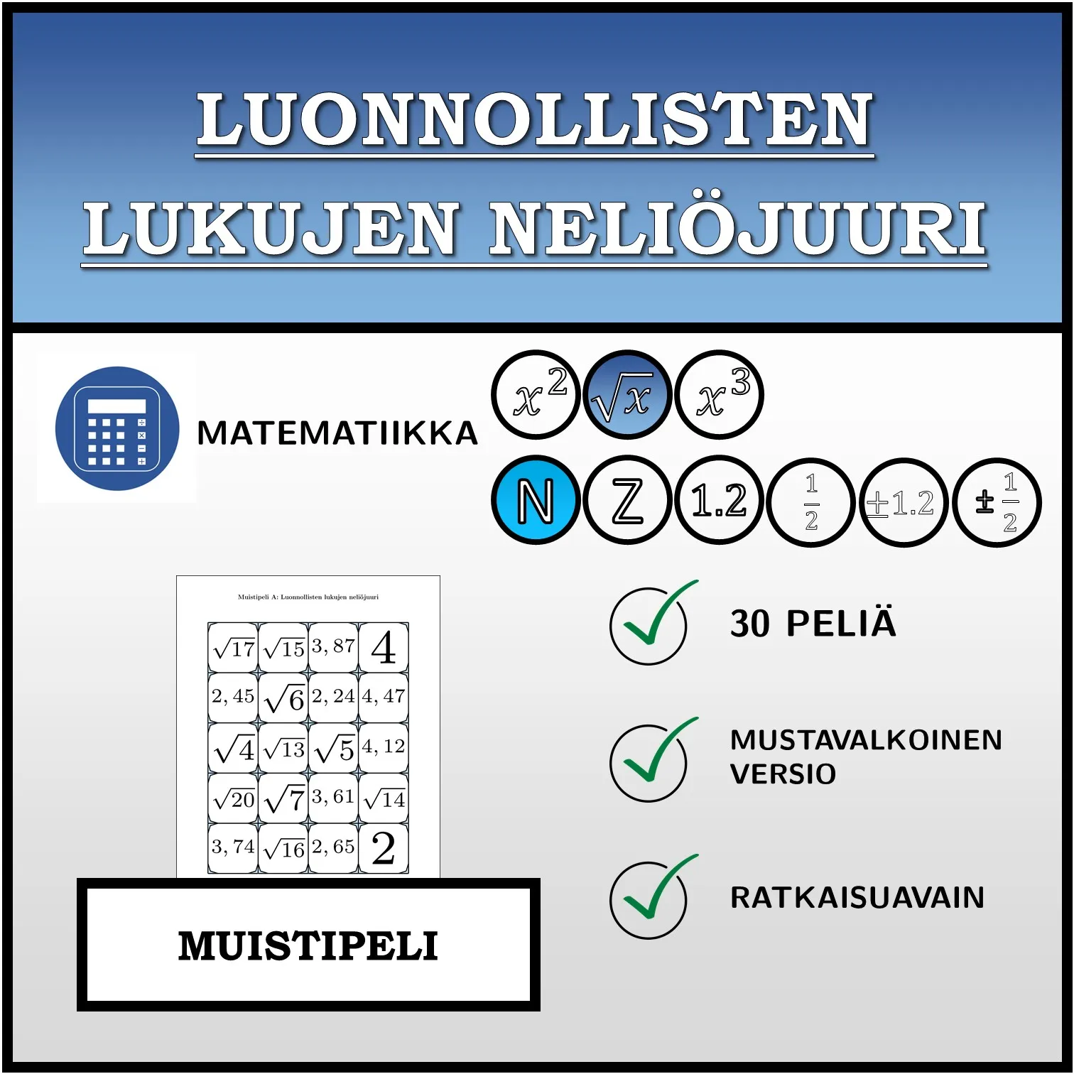 Muistipeli: Luonnollisten lukujen neliöjuuri