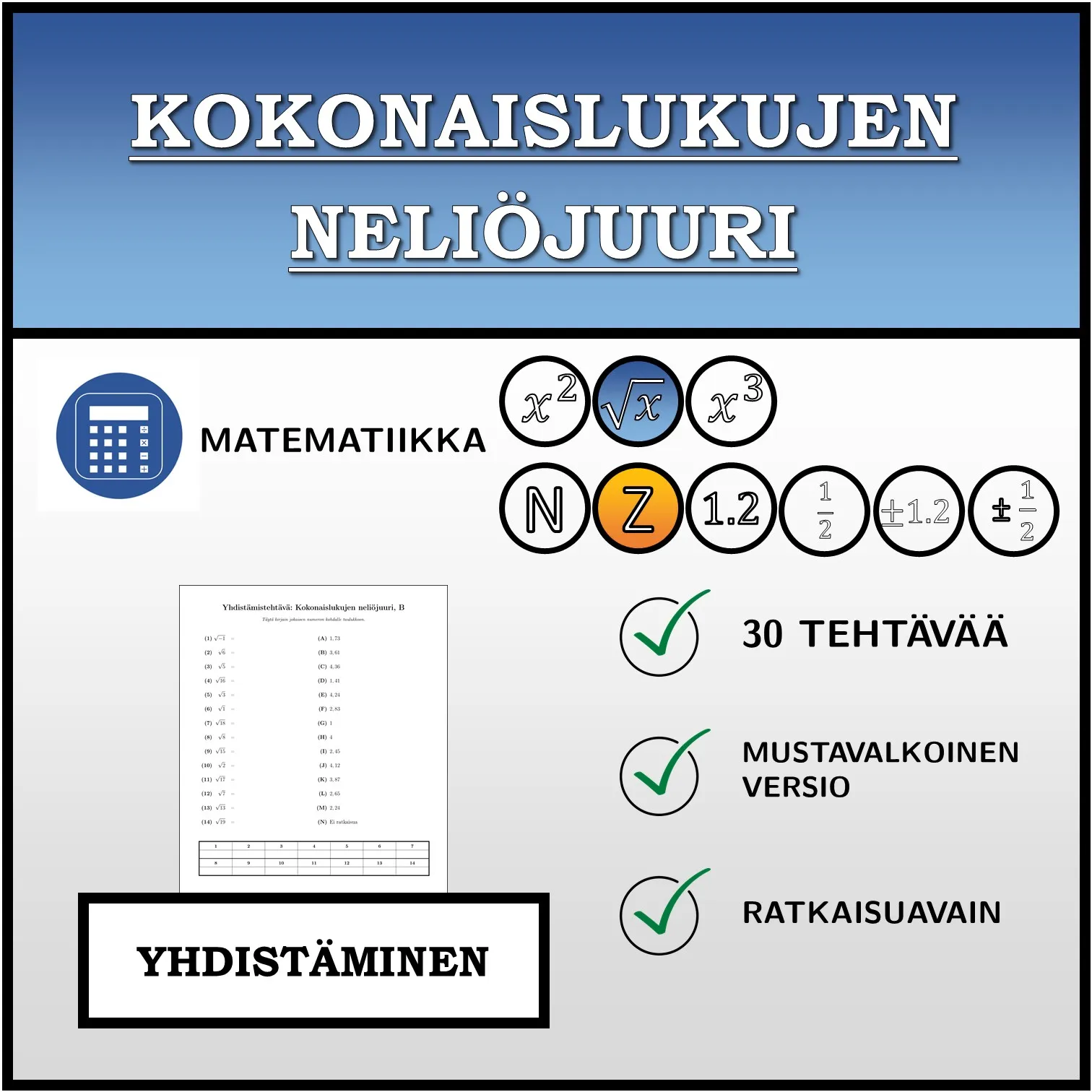 Yhdistämistehtävä: Kokonaislukujen neliöjuuri