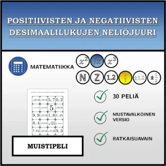Muistipeli: Positiivisten ja negatiivisten desimaalilukujen neliöjuuri