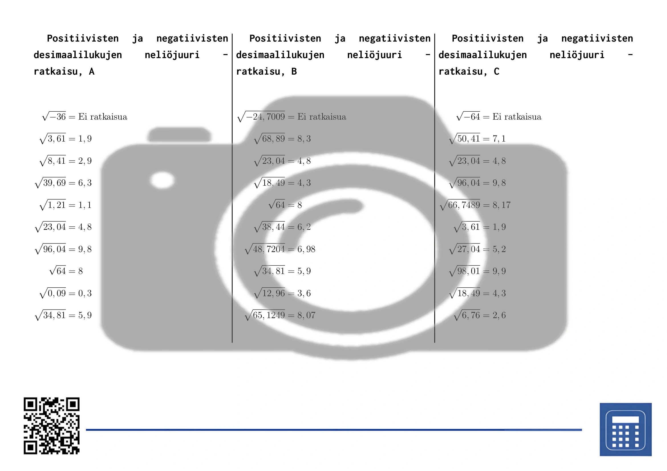 Työarkki: Positiivisten ja negatiivisten desimaalilukujen neliöjuuri - Image 4