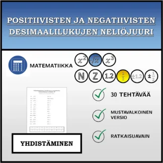 Yhdistämistehtävä: Positiivisten ja negatiivisten desimaalilukujen neliöjuuri