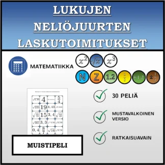Muistipeli: Lukujen neliöjuurten laskutoimitukset