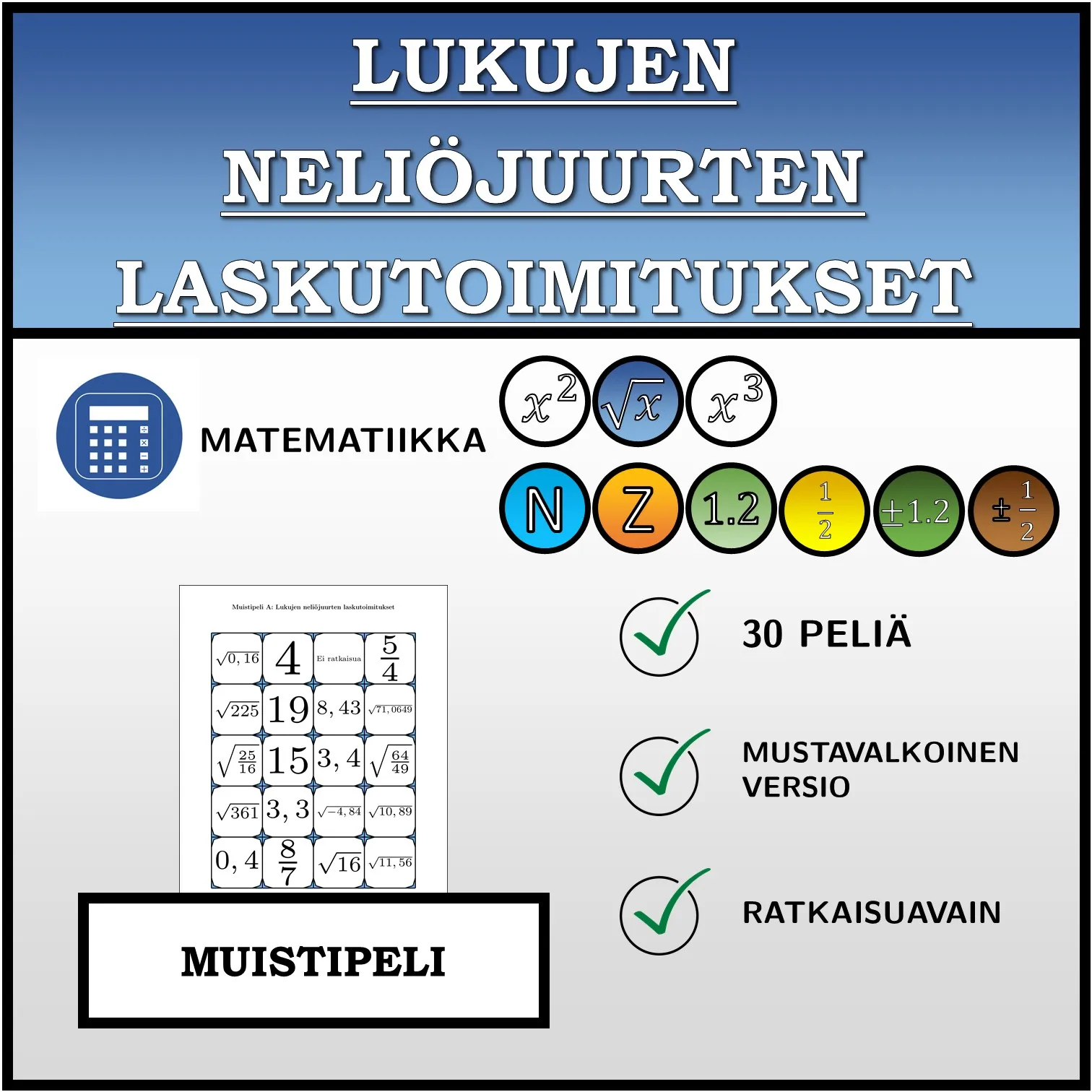 Muistipeli: Lukujen neliöjuurten laskutoimitukset