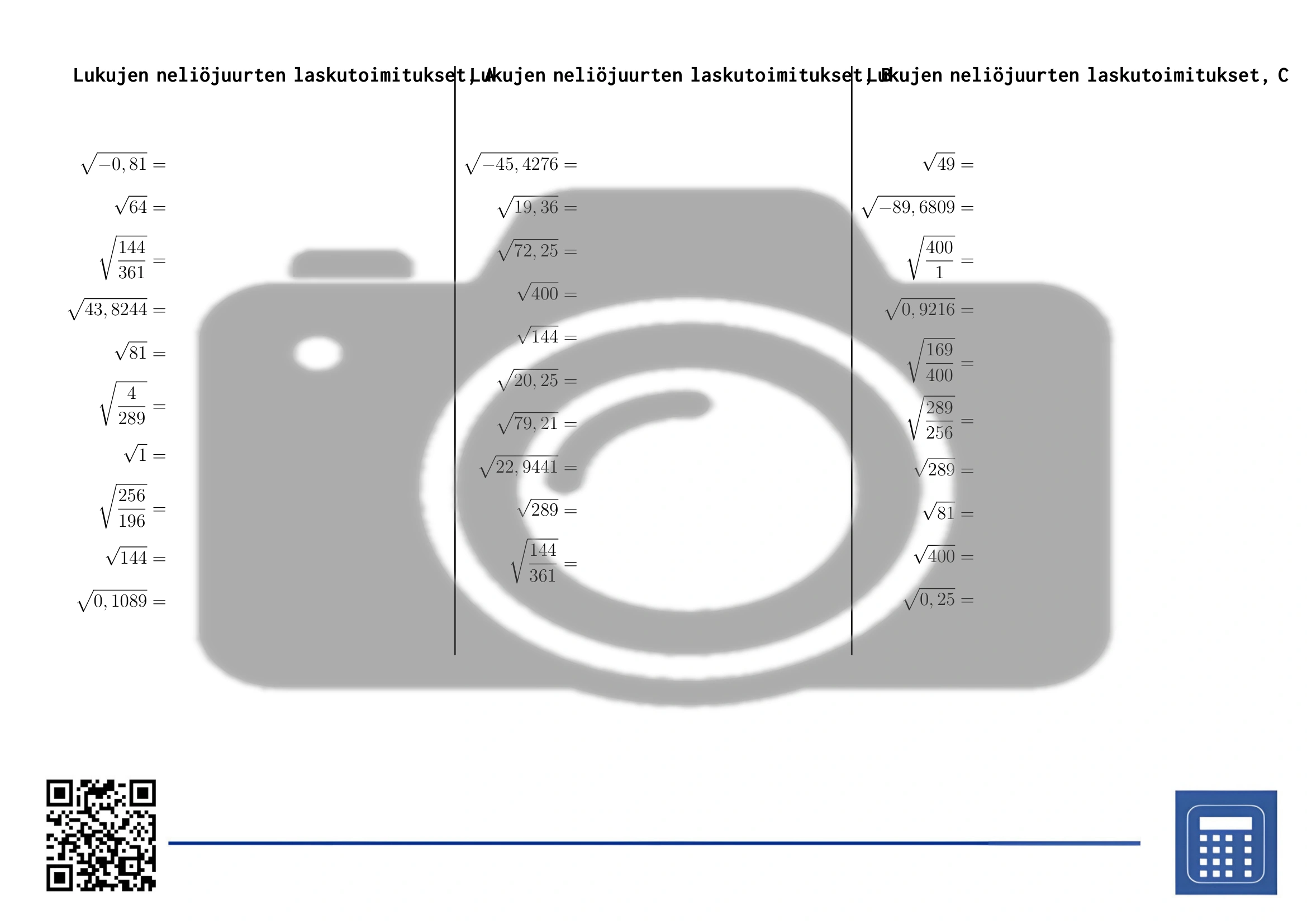Työarkki: Lukujen neliöjuurten laskutoimitukset - Image 2