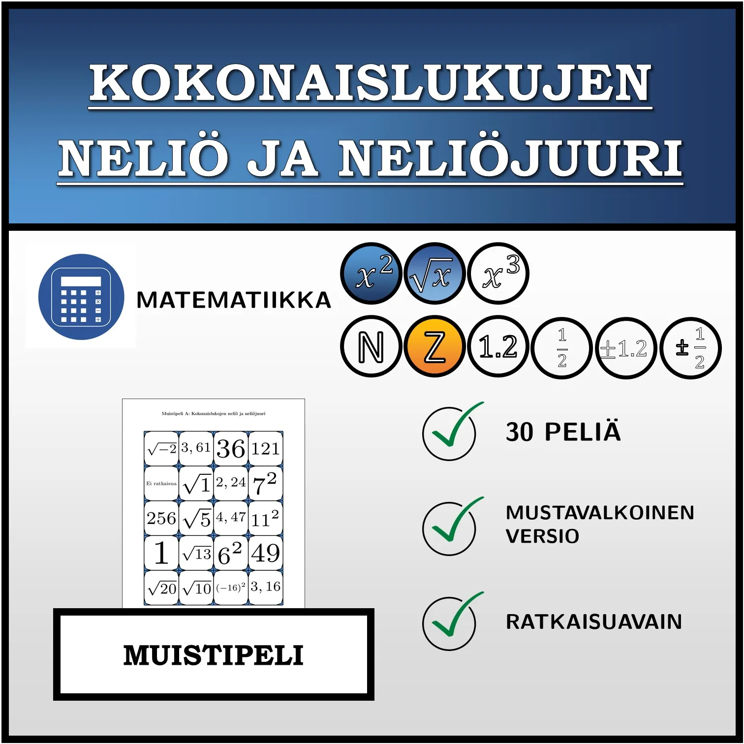 Muistipeli: Kokonaislukujen neliö ja neliöjuuri
