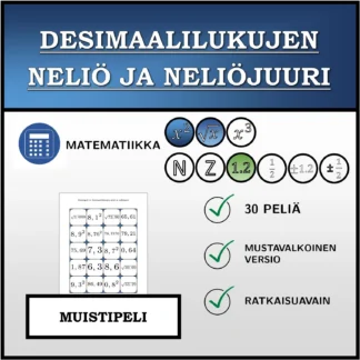 Muistipeli: Desimaalilukujen neliö ja neliöjuuri
