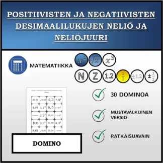 Domino: Positiivisten ja negatiivisten desimaalilukujen neliö ja neliöjuuri