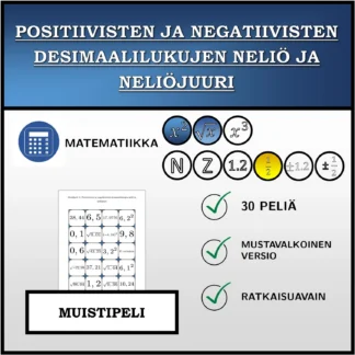 Muistipeli: Positiivisten ja negatiivisten desimaalilukujen neliö ja neliöjuuri