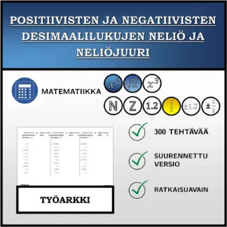 Työarkki: Positiivisten ja negatiivisten desimaalilukujen neliö ja neliöjuuri