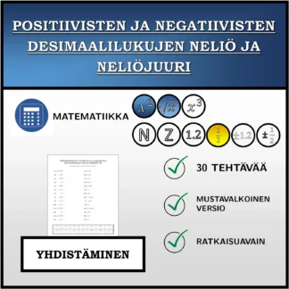 Yhdistämistehtävä: Positiivisten ja negatiivisten desimaalilukujen neliö ja neliöjuuri